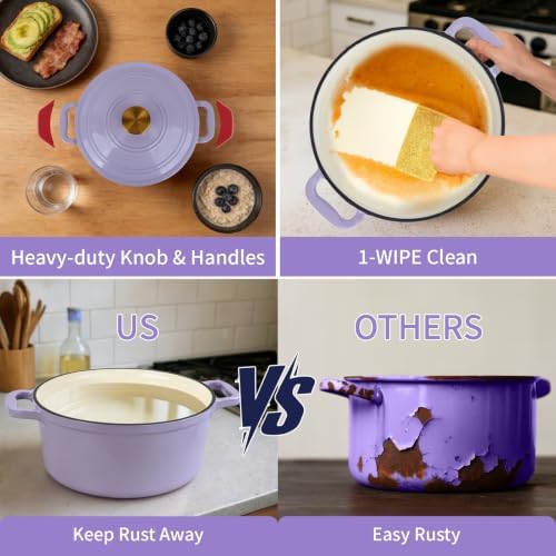 Enameled Cast Iron Dutch Oven with Lid&Silicone Grip, Round Casserole Pot for Bread Baking, Braising, Roasting,Stews,Heavy-Duty Baking Pan,Oven Safe, Induction Compatible (4.7QT,Purple) - Image 6