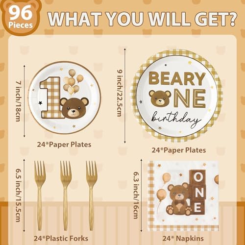 96Pcs Beary One First 1st Year Brown Birthday Party Plates Supplies - Party Tableware Decorations Disposable Paper Plates Napkins Forks for Birthday Gender Reveal Baby Shower, Serves 24 - Image 2