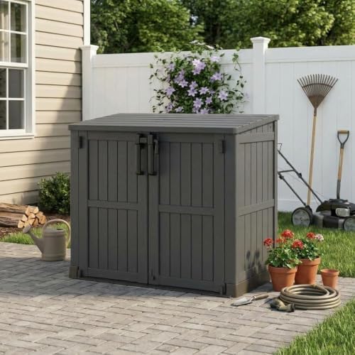 Plastic Outdoor Storage Shed, 37 Cu Ft Weatherproof Outdoor Storage Box with Double Lockable Door, All-Weather Resin Storage Cabinet for Patio, Backyard, Lawn, Garage and Poolside,Wood-Grain (Black) - Image 2