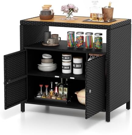 Tangkula Rattan Outdoor Storage Cabinet, Patiojoy Outdoor Cabinet with Acacia Wood Countertop, Open Compartment, 2-Door Wicker Sideboard, Outdoor Bar for Patio Garden Backyard Poolside (Black) by TANGKULA