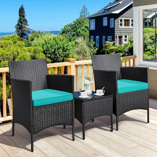 Yaheetech 3 Pieces Patio Conversation Set, Chairs & Side Table, Black/Cyan - Image 2