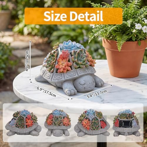 Solar Turtle Garden Decor Outdoor Statue, 7 Succulent LED Lights - Image 3