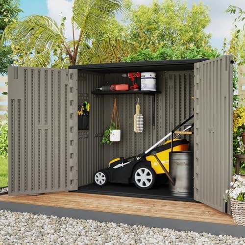 ZZM 37 Cu.ft Outdoor Storage Shed with Floor HDPE Double-Wall Resin Sheds Outdoor Storage, Lockable Weatherproof Storage Cabinet Fit for Garden Tools, Garage can, Bike, Patio Furniture, Brown - Image 2