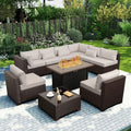 Rattaner 10 Pieces Outdoor Sectional All-Weather Wicker Patio Furniture Set Patio Sectional and Steel Fire Table and Glass Patio Table Non-Slip Cushions and Waterproof Covers, Beige by Rattaner