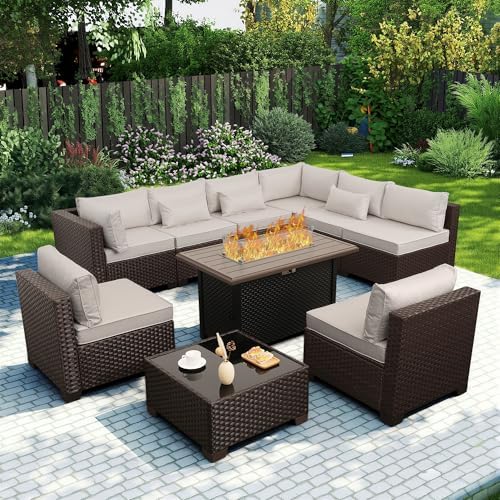 Rattaner 10 Pieces Outdoor Sectional All-Weather Wicker Patio Furniture Set Patio Sectional and Steel Fire Table and Glass Patio Table Non-Slip Cushions and Waterproof Covers, Beige by Rattaner