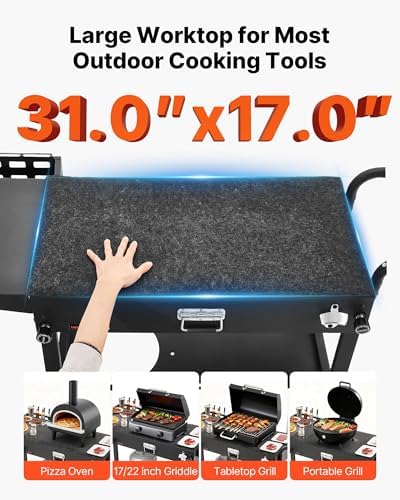 VEVOR Outdoor Grill Cart, 31.0 x 17.0 inch Tabletop Size Grilling Table, Foldable Outdoor Cooking Table with Tissue Holder, Hooks, Wheels, Side Table, BBQ Prep Tables for Picnic, Kitchen, Courtyard - Image 4