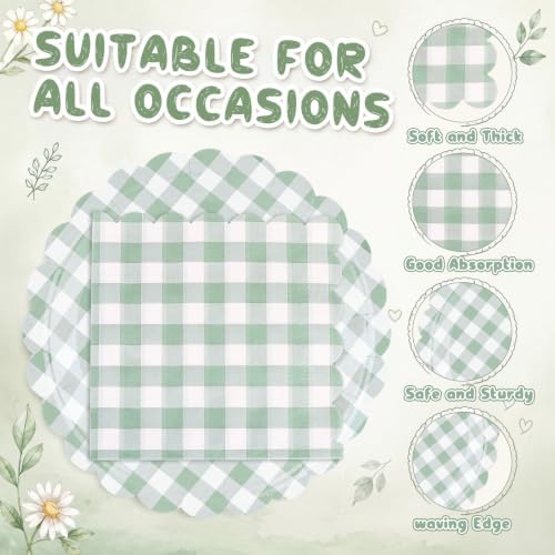 Roshtia 120 Pcs Sage Green Gingham Plates and Napkins Set, Boho Baby Shower - Image 3
