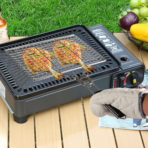 Fish Grill Basket BBQ Grilling Rack Kabob Veggies Shrimp Stainless Steel Cage Holder with Cleaning and Oil Brushes Oven Gloves - Image 3