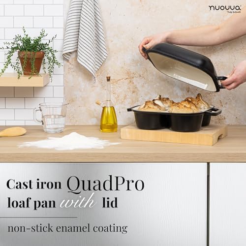 QuadPro Enamelled Cast Iron Bread Loaf Pot – Dutch Oven for Sourdough Bread Baking – 500°F Oven Safe Non Stick Bread Pot – 4 Round Loaf Spaces (4.90-inch Diameter), Black – by Nuovva - Image 4