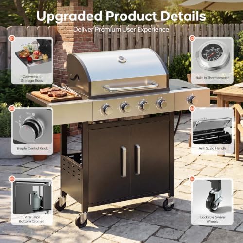 LazySunsets 4-Burner Propane Grill 49,000 BTU Stainless Steel，Black - Image 3