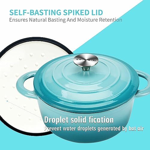 COOKWIN Enameled Cast Iron Dutch Oven, 5 QT Bread Baking Pot with Self Basting Lid, Non-stick Enamel Coated Cookware Pot, Great Christmas Gifts for Family, Teal - Image 3