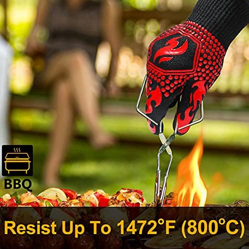 QUWIN BBQ Gloves, Oven Gloves 1472℉ Extreme Heat Resistant, Grilling Gloves Silicone Non-Slip Oven Mitts, Kitchen Gloves for BBQ, Grilling, Cooking, Baking-1 Pair… (One Size(Long Cuff), Red) - Image 2