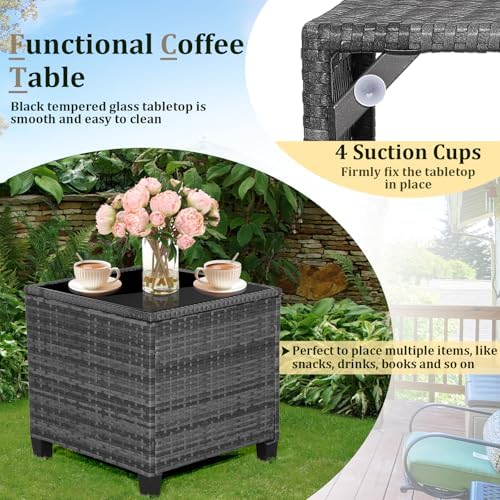 RELAX4LIFE 3 Piece Patio Furniture Set, Wicker Bistro Conversation Set w/2 Cushioned Armchairs & Glass Topped Table, Outdoor Rattan Sofa Set Patio Furniture for Porch Balcony Poolside (Grey-White) - Image 6