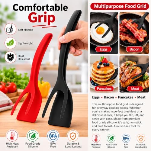 2-in-1 Spatula Tongs Set of 2, Egg Spatula Flipper for Cooking, Easy-Grip Nylon Flipping Spatula for Pancakes, Burgers, Fish and Nonstick Cookware, (Red and Black) - Image 6