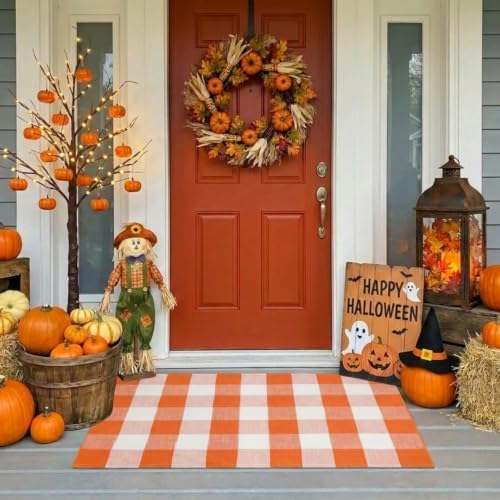 MUBIN Fall Decor Cotton Buffalo Plaid Rug, 27.5x43 Orange White Outdoor Rug Front Door Decorative Mat, Washable Halloween Doormat Foldable Area Rug Layered Door Mats Rug for Front Porch, Entryway by MUBIN