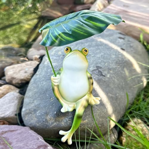 Umbrella Frog Statue for Garden Decor, Resin Green Frog Figurine Outdoor 7" - Image 3