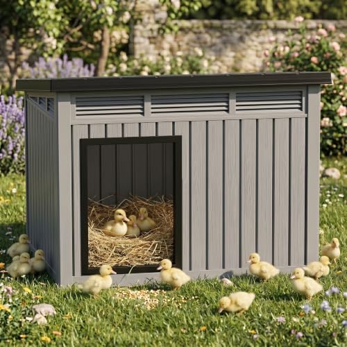 Large Chicken Coop with Hydraulic Air Rod, Resin Duck Coop with Elevated Floor and Air Vents, Backyard Poultry Pet Shelter with Weatherproof Openable Roof, for Chicken, Ducks, Rabbits, Grey - Image 2