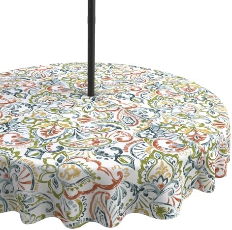 LVTXIII Round Outdoor Tablecloth with Umbrella Hole and Zipper, Water-Repellent 60 Inch Patio Table Cover for Bistro, Garden, Patio & Picnic, Paisley Botanical by LVTXIII