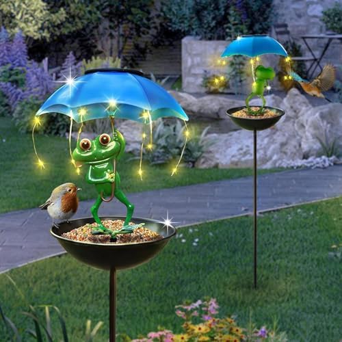 Solar Bird Feeder Frog Garden Decor, Outdoor Solar Lights Frog Figurine Lights with Umbrella, Hummingbird Feeder Decorative Path Lights Gardening Gifts for Women, Yard Art Ornament Bird Feeder - Image 5