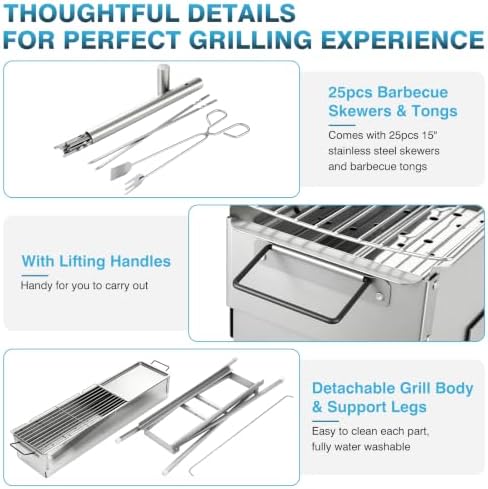 IRONWALLS Portable Charcoal Grill Foldable with Skewer, 32"(L)x8"(W)x32"(H) - Image 7