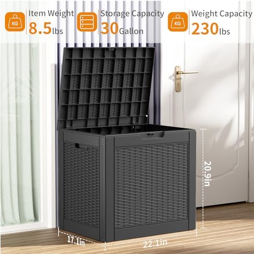 ROJIK 30Gallon Outdoor Storage Box - Waterproof Patio Furniture Deck Box, Garden Tools, Cushions, Pool Accessories Storage Bench with Lockable Lid and Side Handles (Black Rattan, 30 Gal) - Image 2