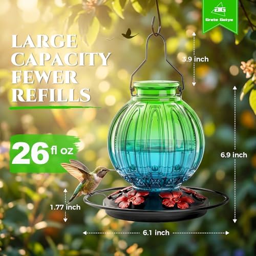 Glass Hummingbird Feeder for Outdoors Hanging, Bird Nectar Feeder with Perch & 5 Flower Feeding Ports, 26 Oz Leak Proof for Outside Garden Decor Backyard, Gifts for Women Mom, Green & Blue - Image 4