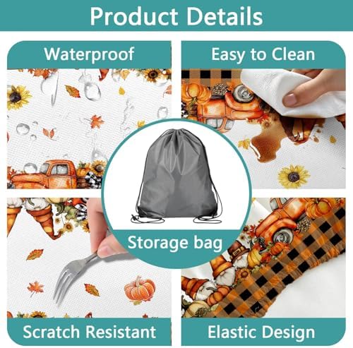 Fall Picnic Table Cover with Bench Covers, Camping Essentials, Thanksgiving Buffalo Plaid Floral Waterproof Windproof, Fitted Tablecloth Cover with Elastic Edge, Indoor & Outdoor, 3 PCS, 30x60 Inch - Image 6