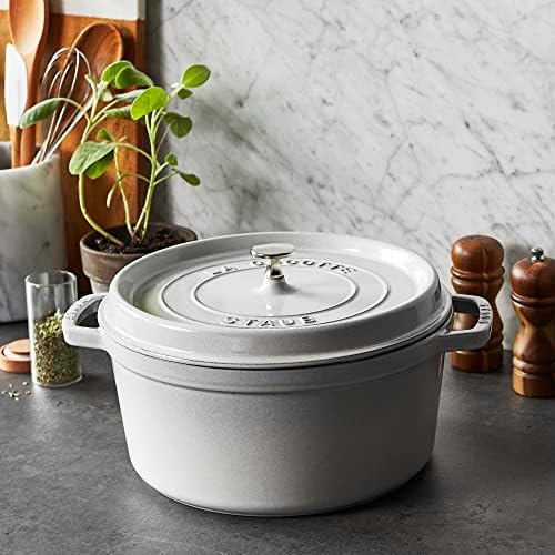 Staub Cast Iron 7-qt Round Cocotte - White Truffle, Made in France - Image 4