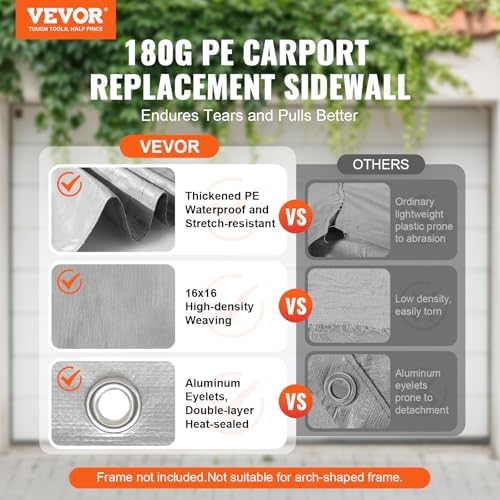 VEVOR Carport Replacement Canopy Cover Side Wall 12 x 20 ft, Garage Tent Shelter Tarp Heavy-Duty Waterproof & UV Protected, Easy Installation with Ball Bungees,Grey (Top and Frame Not Included) - Image 2