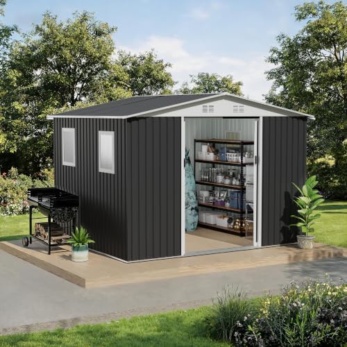 10x8 FT Metal Garden Shed with Sliding Door 4 Windows,Grey - Image 2