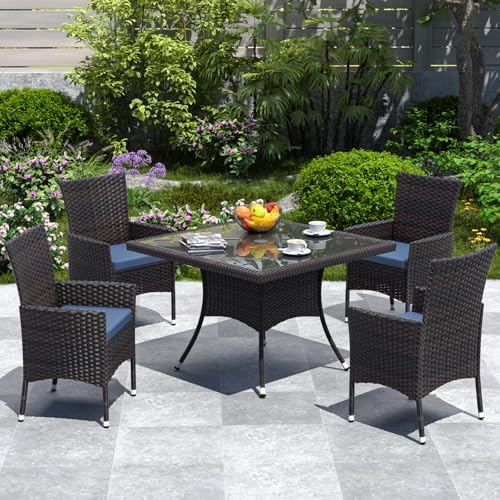 ALAULM 5 Piece Patio Dining Set All-Weather Wicker Outdoor Furniture Set w/Tempered Glass Tabletop, Removable Cushions and Umbrella Hole for Patio, Backyard, Garden, Poolside（Navy） - Image 7