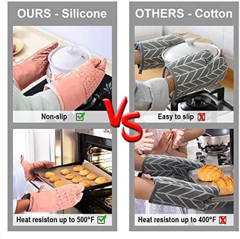 KEGOUU Oven Mitts and Pot Holders 6pcs Set, Kitchen Oven Glove High Heat Resistant 500 Degree Extra Long Oven Mitts and Potholder with Non-Slip Silicone Surface for Cooking (Pink) - Image 5