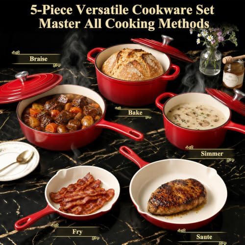 QuliMetal Nonstick Enameled Cast Iron Cookware Set, 5 Pcs Pots and Pans with Lid, Skillet, Frying Pan, Saucepan & Dutch Oven for All Stovetops, PFA Free - Ideal for Sourdough Bread Baking - Image 3