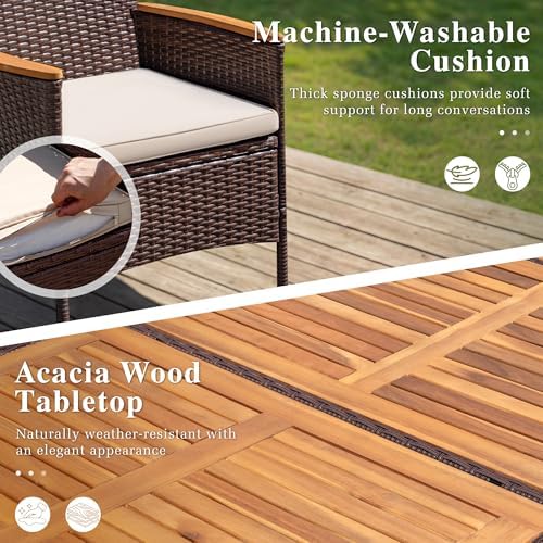 Devoko 9 PCS Acacia Wood Patio Dining Set, Brown Rattan - Image 3