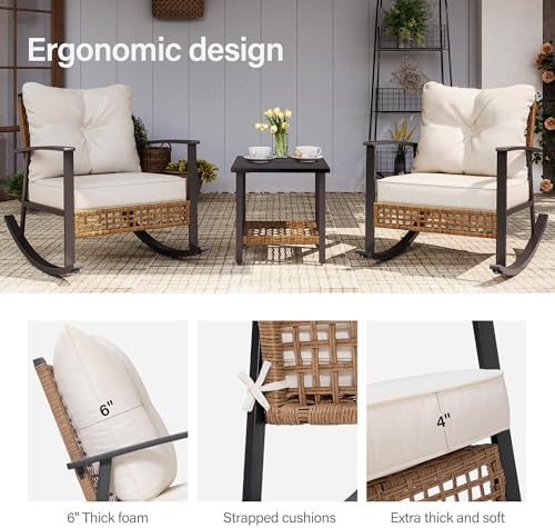 LAUSAINT HOME 3-Piece Rocking Bistro Set, Outdoor Patio Furniture with Thick Cushions and 2-Tier Coffee Table, Oversize Rattan Conversation Set for Garden, Balcony, Backyard (Beige) - Image 3
