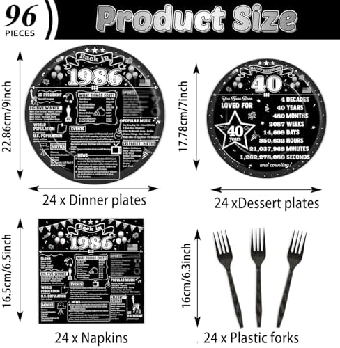 96PCS 40th Birthday Party Paper Plates and Napkins Retro 40th Supplies Men and Women Back in 1986 Black Tableware Set for 40 Years Old Themed Birthday Gatherings Decorations - Image 2