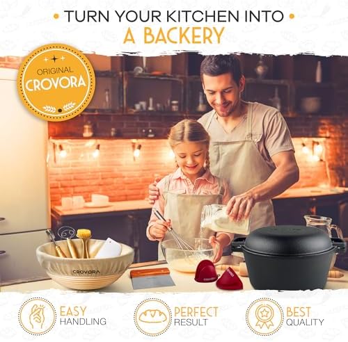 Crovora Pre-Seasoned Cast Iron Dutch Oven for Bread Baking with Skillet Lid - Incl. Sourdough Bread Baking Supplies like Banneton Bread Proofing Basket, 5QT Cast Iron Bread Pan, Bread Oven - Image 2