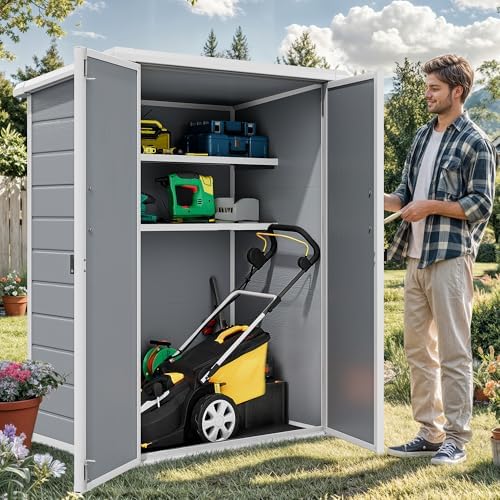 DWVO 60 Cuft Outdoor Tall Storage Shed with 2 Shelves, 5X3FT Vertical Tool Shed with Floor & Lockable Doors, Sturdy Double-Wall Plastic Cabinet for Garbage Cans and Garden Equipment (Gray) - Image 2