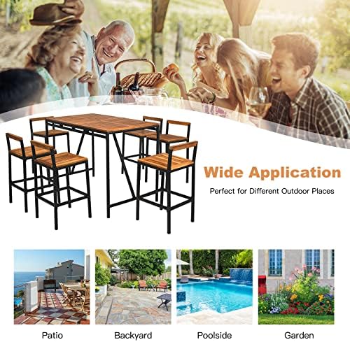 HAPPYGRILL 7 Piece Patio Bar Table Set with Umbrella Hole Acacia Wood High-Dining Bistro Set with 6 Bar Stools, PE Wicker Outdoor Bar Set for Backyard Patio and Poolside - Image 7