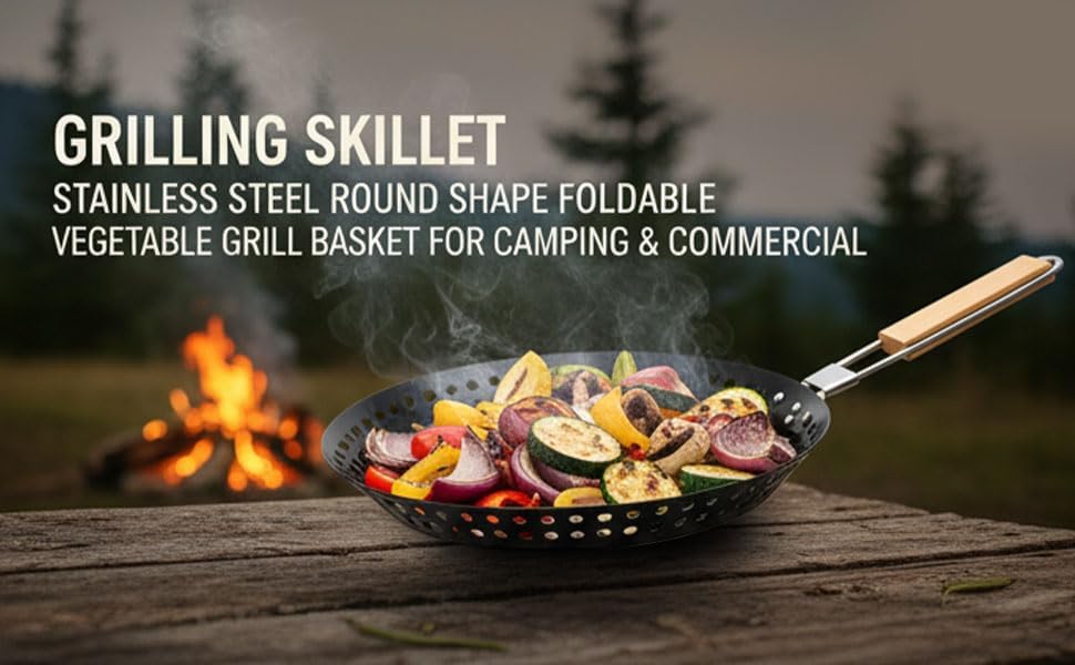 Diydeg Grilling Skillet, Stainless Steel Foldable Portable Camping BBQ Skillet with Round Even Heat Distribution, Durable Outdoor Cooking Tool, Grill Pan for Camping Outdoor Barbecue - Image 2