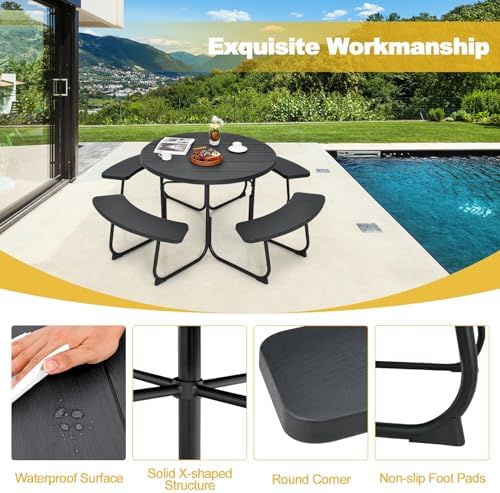 Tangkula 8 Person Round Picnic Table with 4 Built-in Benches, Black - Image 6