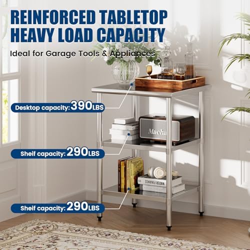 Stainless Steel Work Table 24 x 24 Inch with 2 Adjustable Undershelves, Heavy-Duty Metal Prep Table for Commercial Kitchen & Restaurant, Garage, Outdoor - Image 2