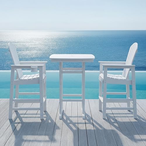 3-Piece HDPE Bar Height Table and Chairs Set, 42.1" Square High Top Pub Table with Umbrella Hole, 2 Adirondack Charis with Cup Holders, Outdoor Patio Dining Set for Bistro Backyard Deck White - Image 3