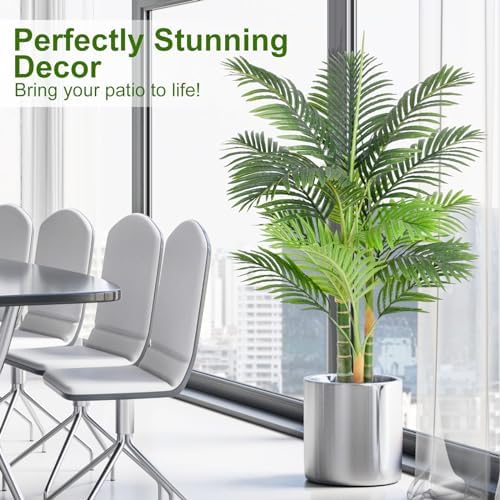 4ft Tall Triple Golden Cane Palm Artificial Tree 48" Large Tropical Palm Tree UV Resistant Fake Tree in Pot for Indoor Outdoor Big House Living Room Outside Patio Office Home Decor 2Pack - Image 4