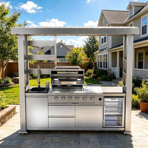 97" Stainless Steel Outdoor Kitchen Island with 4-Burner 72000 BTU,Natural Gas Grill with Side Burner,Rotisserie Oven,Refrigerator,Galvanized Steel Roof,Granite Countertops,Sink.(Natural Gas) by INOTEVERITORY