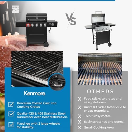 Kenmore 4-Burner Gas Grill with Side Burner, Outdoor BBQ Grill, Propane Gas Grill, Cast Iron Cooking Grates, Electronic Ignition, Warming Rack, Open Cart Design, 53000 BTUs, Black - Image 4