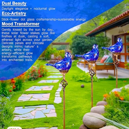 Decorative Solar Lights, Outdoor Solar Bird Stake Lights, Hand Blown Glass Decorative Garden Pathway Lights Outdoor Waterproof Glass Stakes (Dark Blue) - Image 6