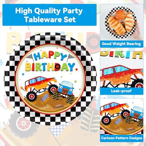 Monster Truck Party Tableware Set Monster Truck Plates and Napkins Car Birthday Party Supplies Decorations for Kids Boys Black and White Checked Theme Birthday Supplies Serves 24 - Image 3