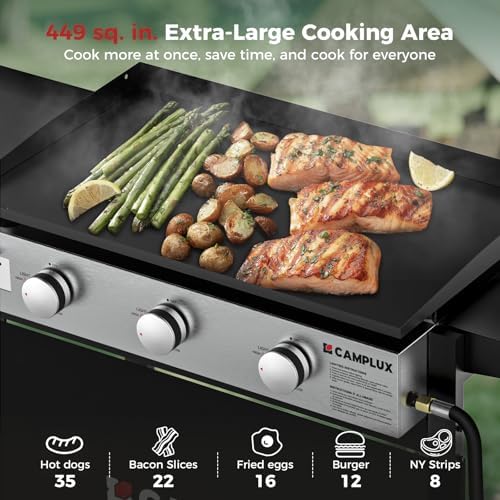 CAMPLUX Propane Griddle Flat Top, 3-Burner Gas Griddle with 3mm Thick Non-Deformable Plate & Ceramic Non-Stick Coating, 33,000 BTU Outdoor Cooking Station with Wheels and Side Shelves for Camping - Image 3