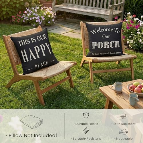 Black and White Welcome to Our Porch Outdoor Pillow Covers Waterproof 18x18 Set of 2, Decorative Farmhouse Outdoor Throw Pillows 18 x 18, Back Porch Decor Patio Furniture Pillows (Without Inserts) - Image 3